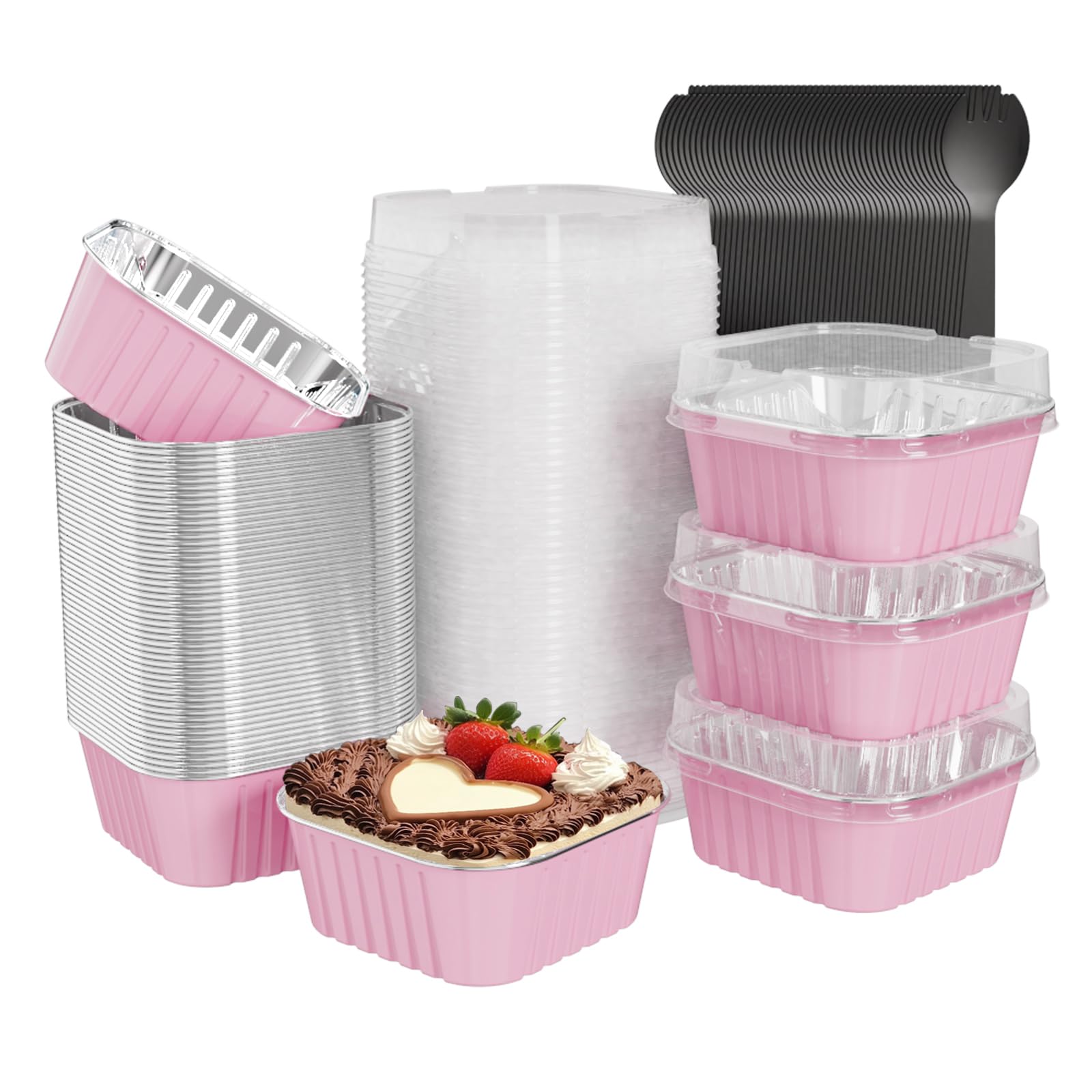 Photo 1 of Ksmxos 50 Pack Square Mini Cake Pans with Lids,Mini Loaf Pans with Lids,Aluminum Foil Baking Cups,Disposable Ramekins Cupcake Cups,Dessert Cups for Wedding Birthday Party Picnics,5oz (Pink)