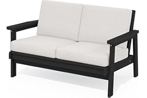 SERWALL HDPE Outdoor Patio Loveseat, Black Frame and Khaki Cushion