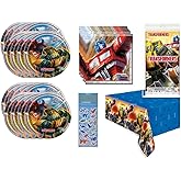 Transformers Birthday Party Supplies Bundle Set includes 16 Lunch Plates, 16 Napkins, 1 Table Cover, 1 Dinosaur Sticker Sheet (Serves 16)