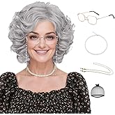 Yargel Hair Grandma Wig And Accessories for Old Lady Costume Grey Curly Granny Wigs for Women 100 Days of School Sliver Synthetic Wigs For Cosplay Halloween Party Use(Gray Wig 5pcs Set)