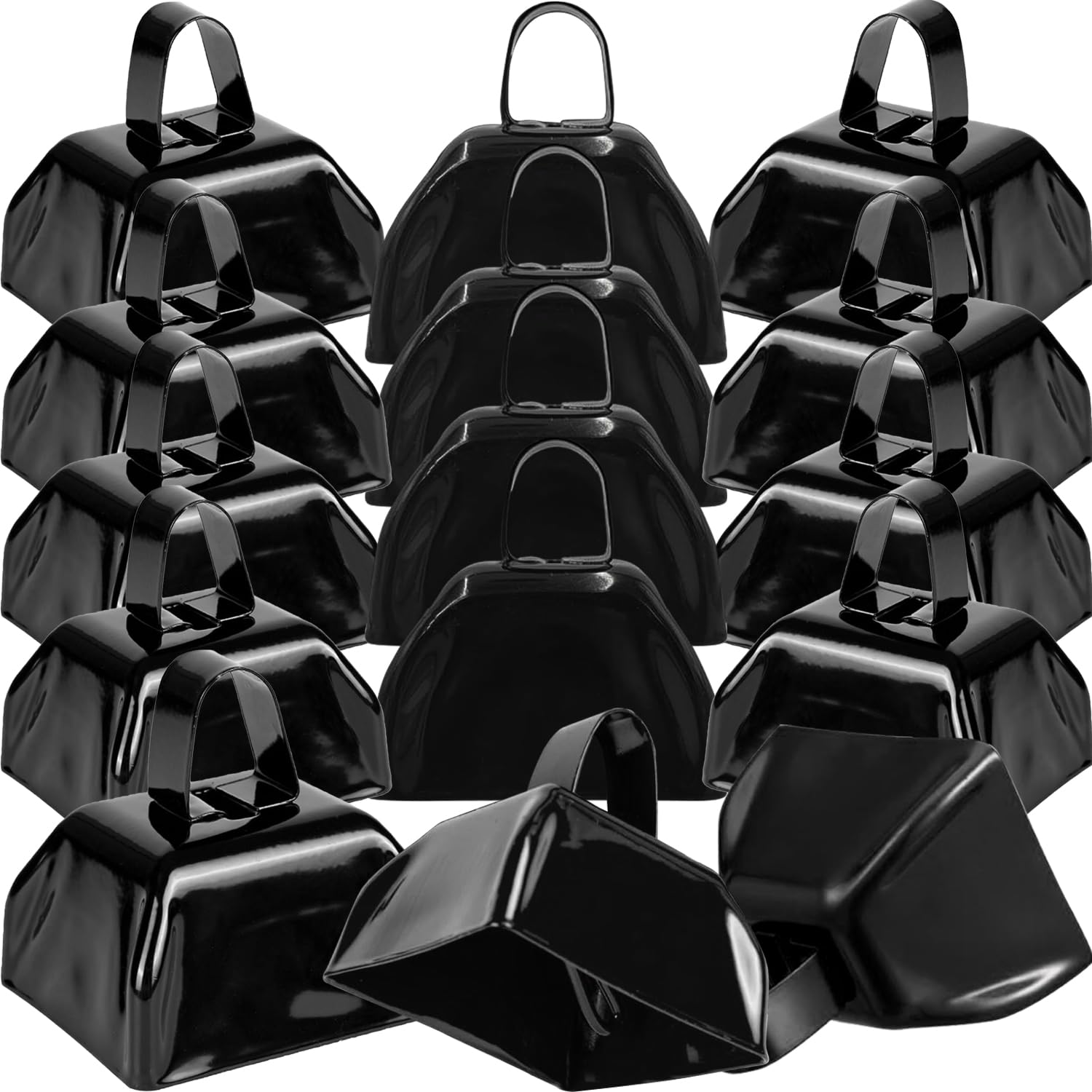 Photo 1 of 15 Pack 3 Inch Metal Cowbells Black Cow Bells Noise Makers Loud Cow Bell with Handles, Small Cowbell Hand Percussion Cowbells for Sporting Events, Football Games, Concert, Farm, Call Bell Alarm