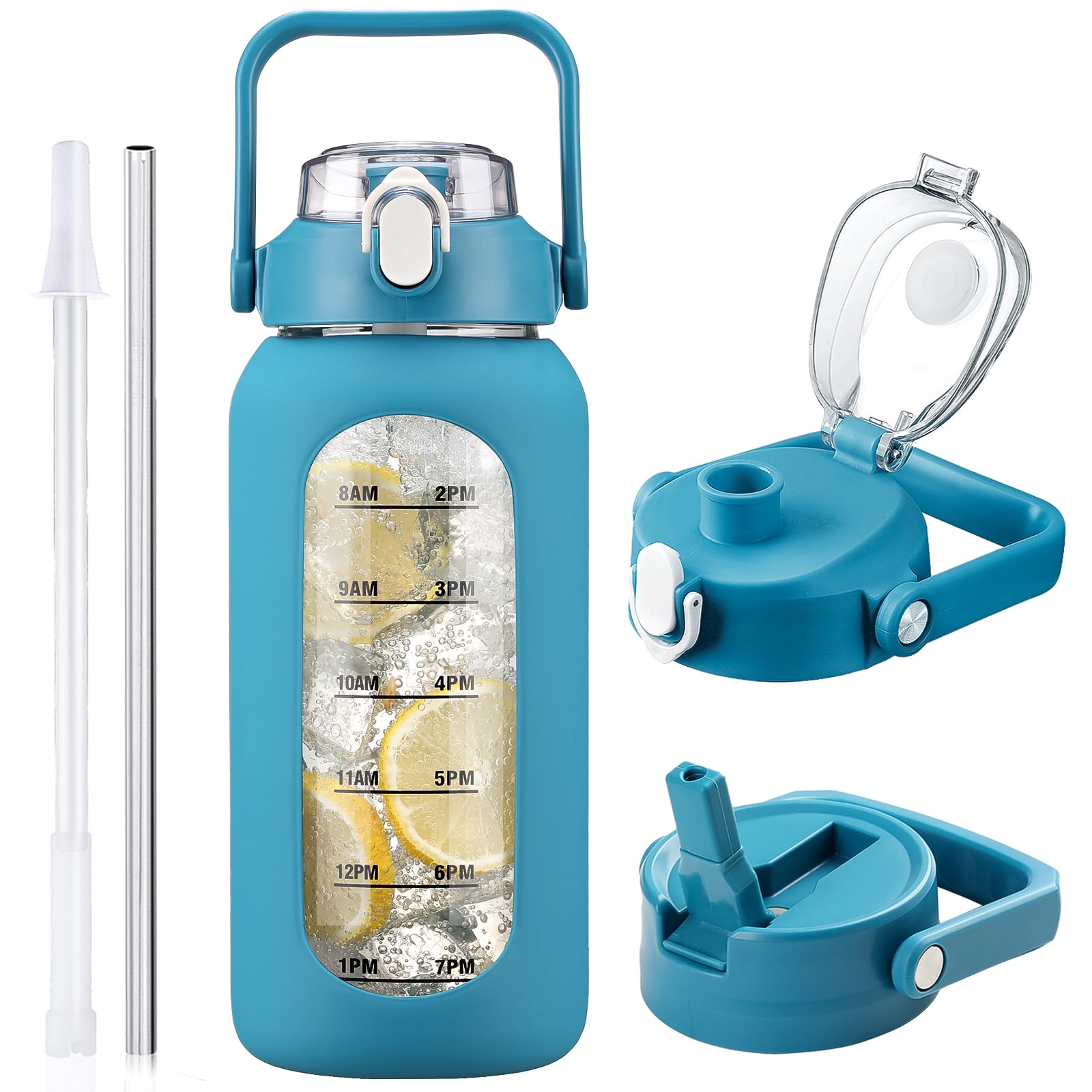 HYDRAGLAZIC 2L Glass Water Bottle with 2 Lids Flip and Chug Lids 2 Liter Large Water Jug with Time Marker and Silicone Sleeve BPA Free Leak-proof for Sports Gym, Blue