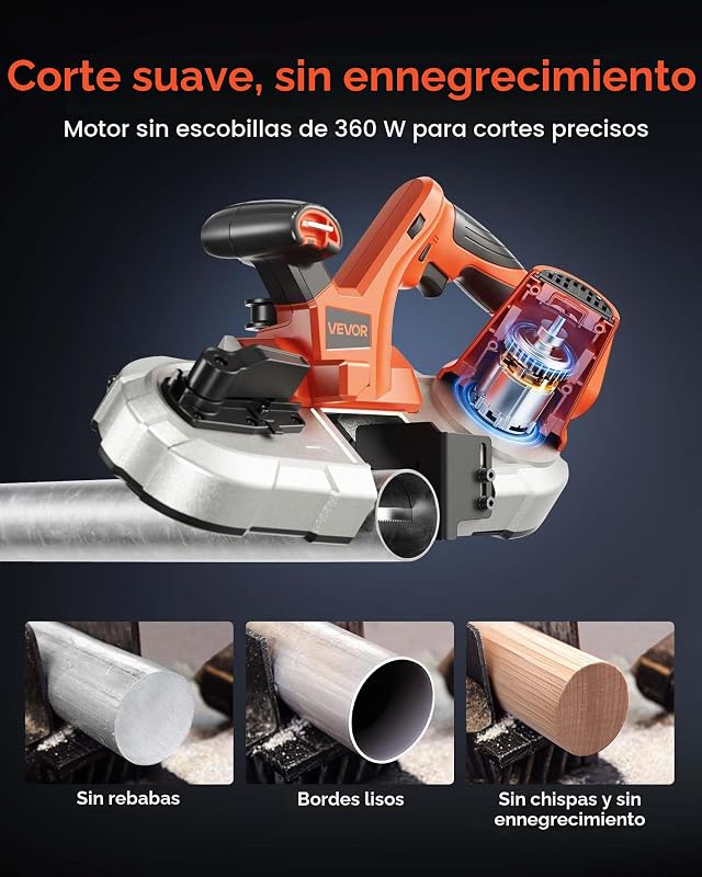 Serra de fita portátil, motor sem escovas de corte profundo de 65 mm de 360 W sem fios e serra de fita compacta com ganchos, velocidade variável de 0 a 192 m/min para corte de metal e madeira
