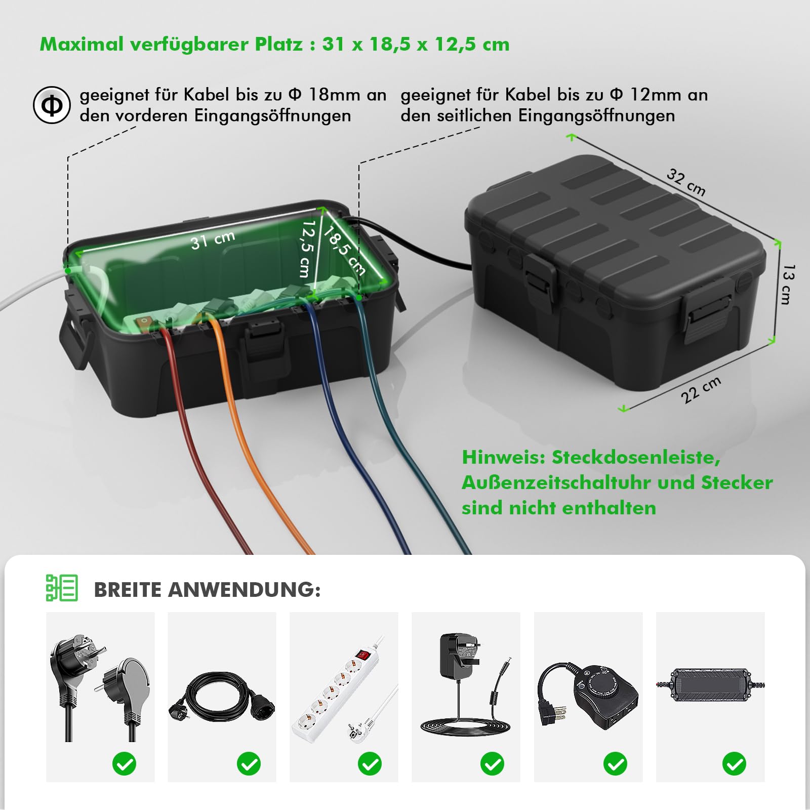 RESTMO große wasserdichte Kabelbox für den Außenbereich (Outdoor), IP54 wasserdicht, wetterfester Elektrokasten zum Schutz von Verlängerungskabel, Steckdosenleisten, Außensteckern (32x22x13cm)-Schwarz 2