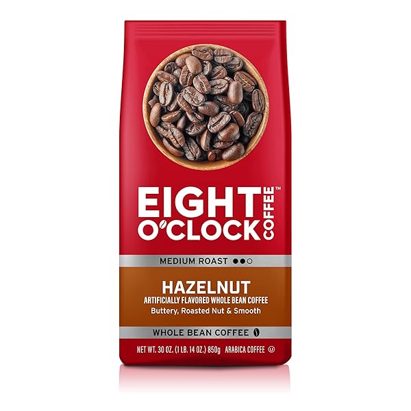 EIGHT O’CLOCK COFFEE HAZELNUT WHOLE BEAN COFFEE, MEDIUM ROAST, 30 OUNCE (PACK OF 1) – BUTTERY, SMOOTH & NUTTY