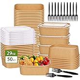 DI QIU REN 50-Pack 29oz Disposable Kraft Paper Bowls【with Lids and Forks】,Meal Prep Containers Disposable To go Food Containers Christmas Take Out Containers, Microwave Safe for Hot/Cold Food