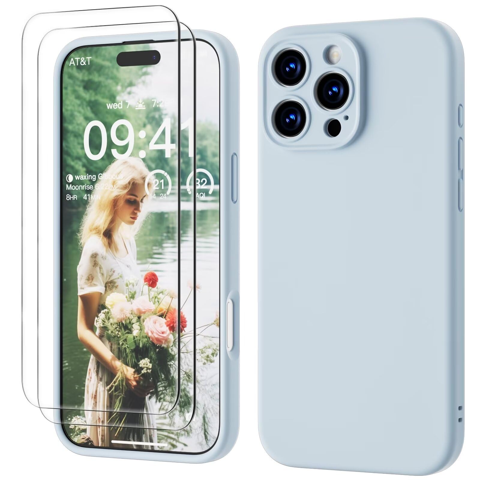 GOODVISH 3 IN 1 for iPhone 16 Pro Case 6.3 inch, Upgraded Camera Protection, 2X HD Screen Protector, Liquid Silicone Anti-Scratch Shockproof Gel Rubber Anti-Fingerprint Phone Case Cover, Blue Grey