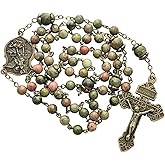 Intercession Natural Stone St. Michael Rosary – Handcrafted Green & Earth-Tone Gemstone Beads with Antique Bronze Crucifix and Medal