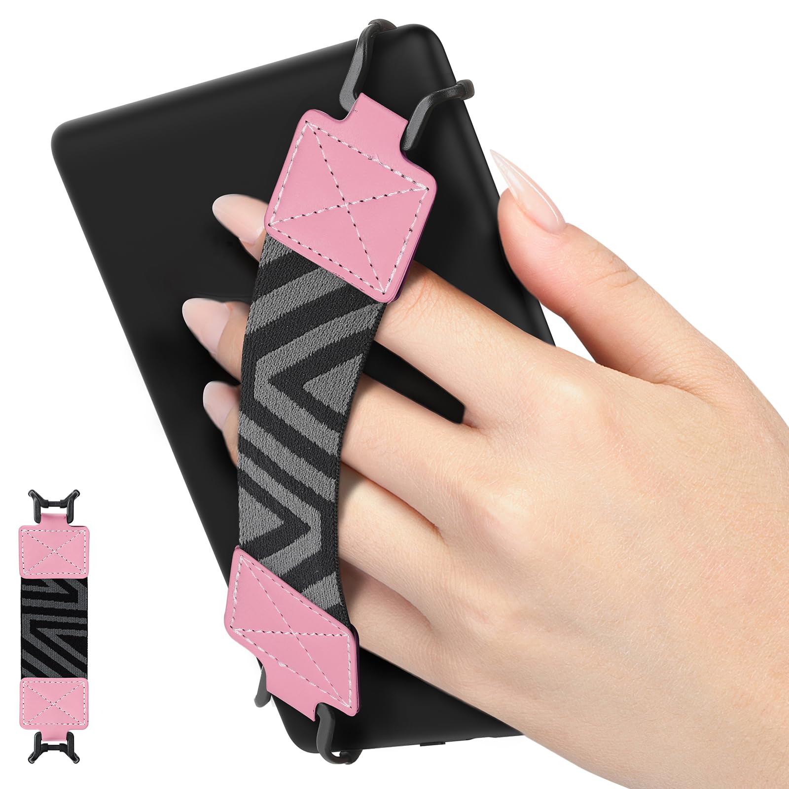 MoKo Security Hand-Strap for 6-8" Kindle eReaders Fire Tablet, Kindle/Kobo/Voyaga/Lenovo/Sony Kindle E-Book Tablet, High-elasticity Versatile Hand Strap Lightweight Finger Grip Holder, Pink