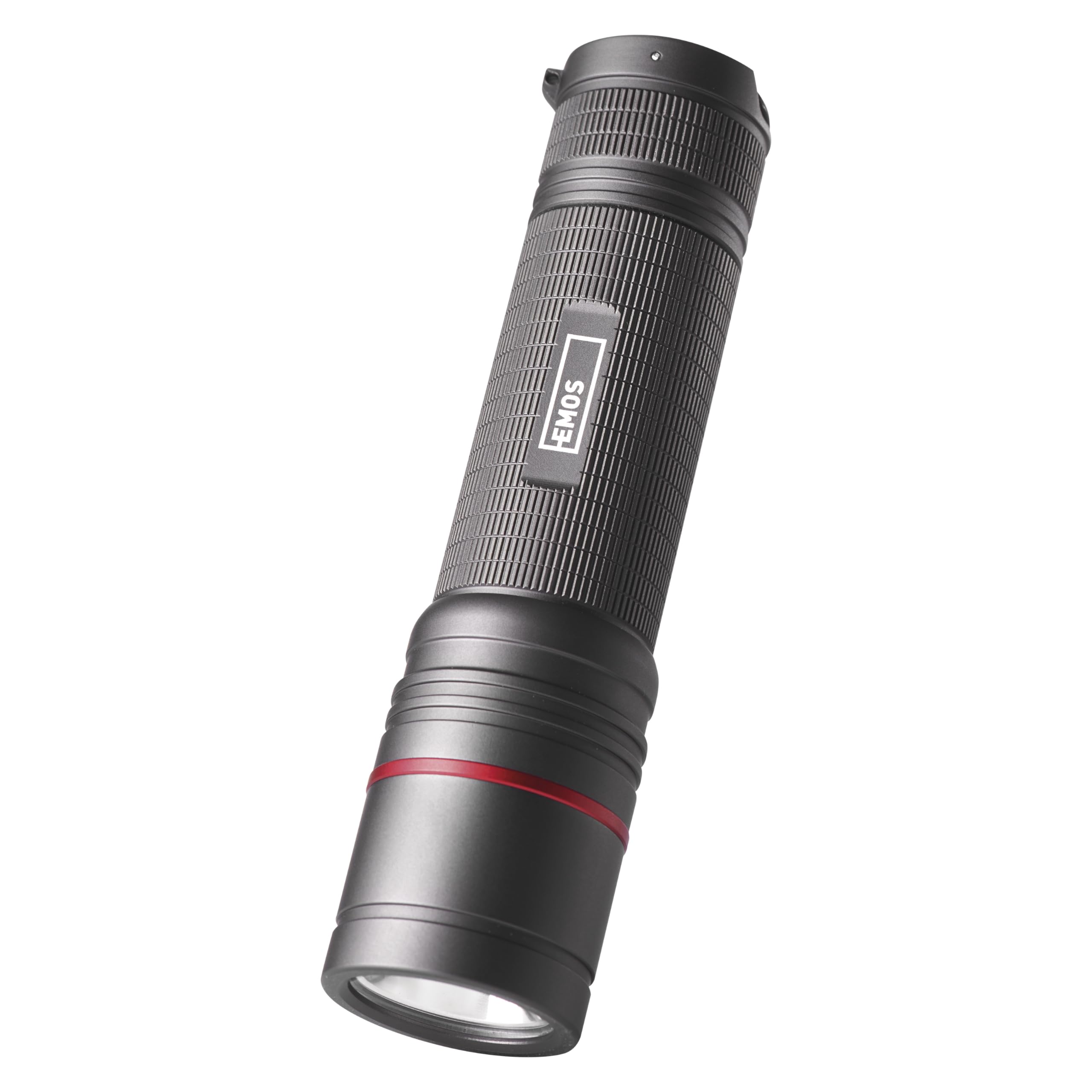 EMOS ULTIBRIGHT Super Bright Tactical Flashlight, Rechargeable 1200LM CREE LED Handheld Torch with 280M Beam Range, Waterproof Battery Flashlight with 3 Light Modes, Focus, Band and Pouch Black