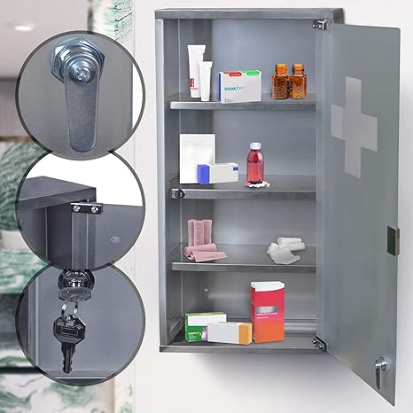 Medicine Cabinet With Lock 4 Compartments And Frosted Glass Door