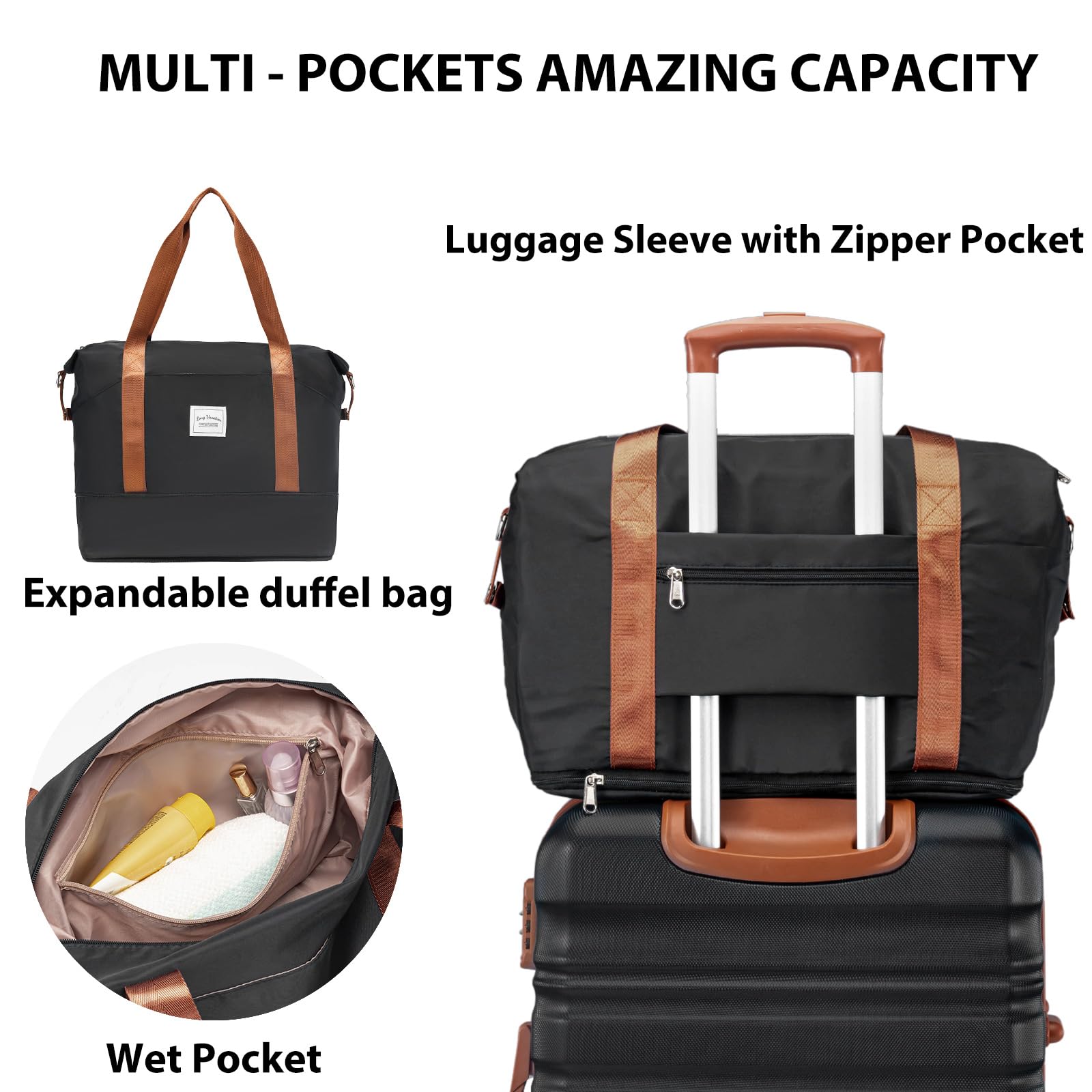 LONG VACATION 6 Piece Luggage Set Carry on Suitcase with ABS+PC hardshell, Spinner Wheels & YKK Zipper TSA Lock (BLACK-BROWN, 6 piece set)