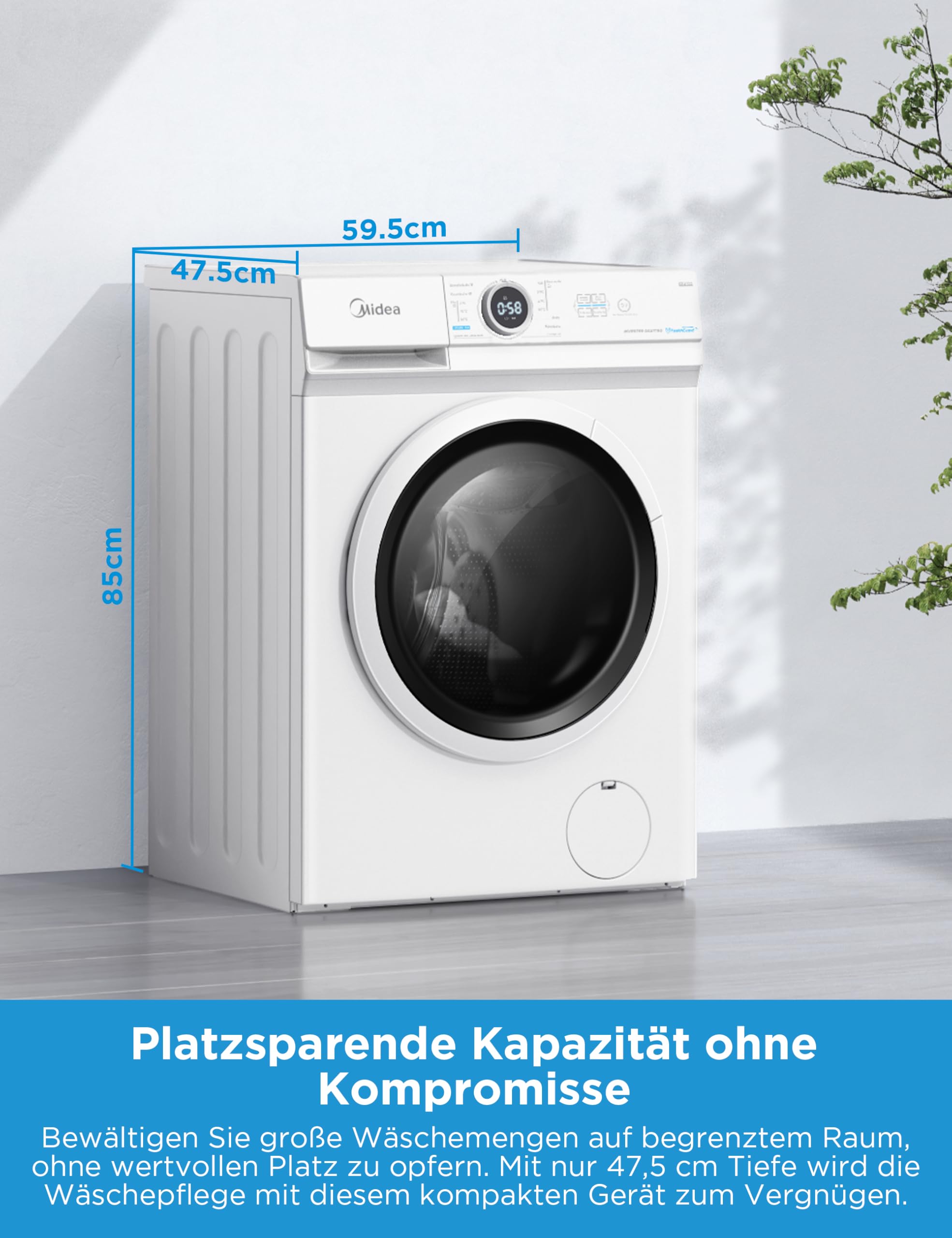 Midea MF10EW80BA10 Waschmaschine / 8kg / 1400 U/Min/EEK A-10%/Inverter Quattro Motor/Dampffunktion/Grosse Trommel/Nachlegefunktion/Kindersicherung/AquaStop, Weiß 3