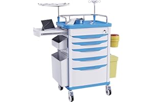OLERN Medical Rolling Crash Cart with Wheels-CPR Board, IV Pole, O2 Holder, Trash Bin, Silent Casters,Drawers with Dividers, Emergency Cart for Clinic, Hospital, Nursing Center