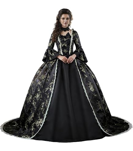 Womens Victorian Rococo Masquerade Gown Black Satin Gold Jacquard Ruffle : Clothing, Shoes & Jewelry