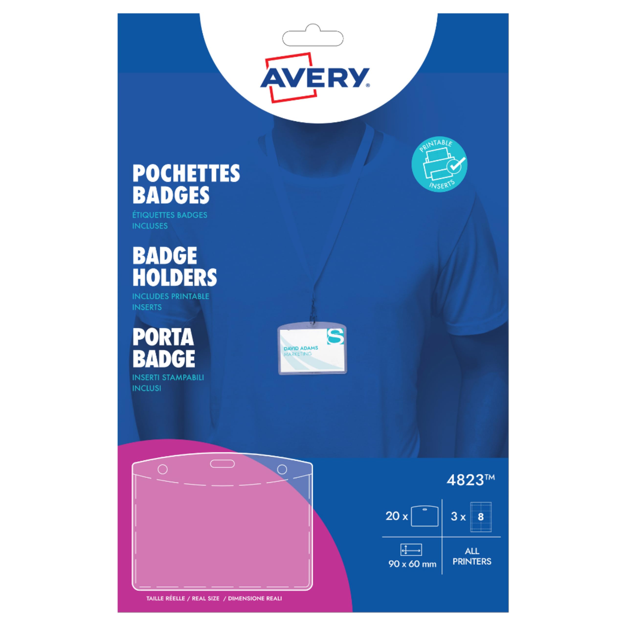 Avery 4823 Plastic Badge Pockets x 20 with Printable Badge Inserts 90 x 60 mm (8 Badges per Sheet x 3 Sheets)
