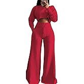 LROSEY Women 2 Piece Outfits Pants Sets Spring Casual Sweatsuits Long Sleeve Crop Tops Wide Leg Palazzo Trousers Lounge Set