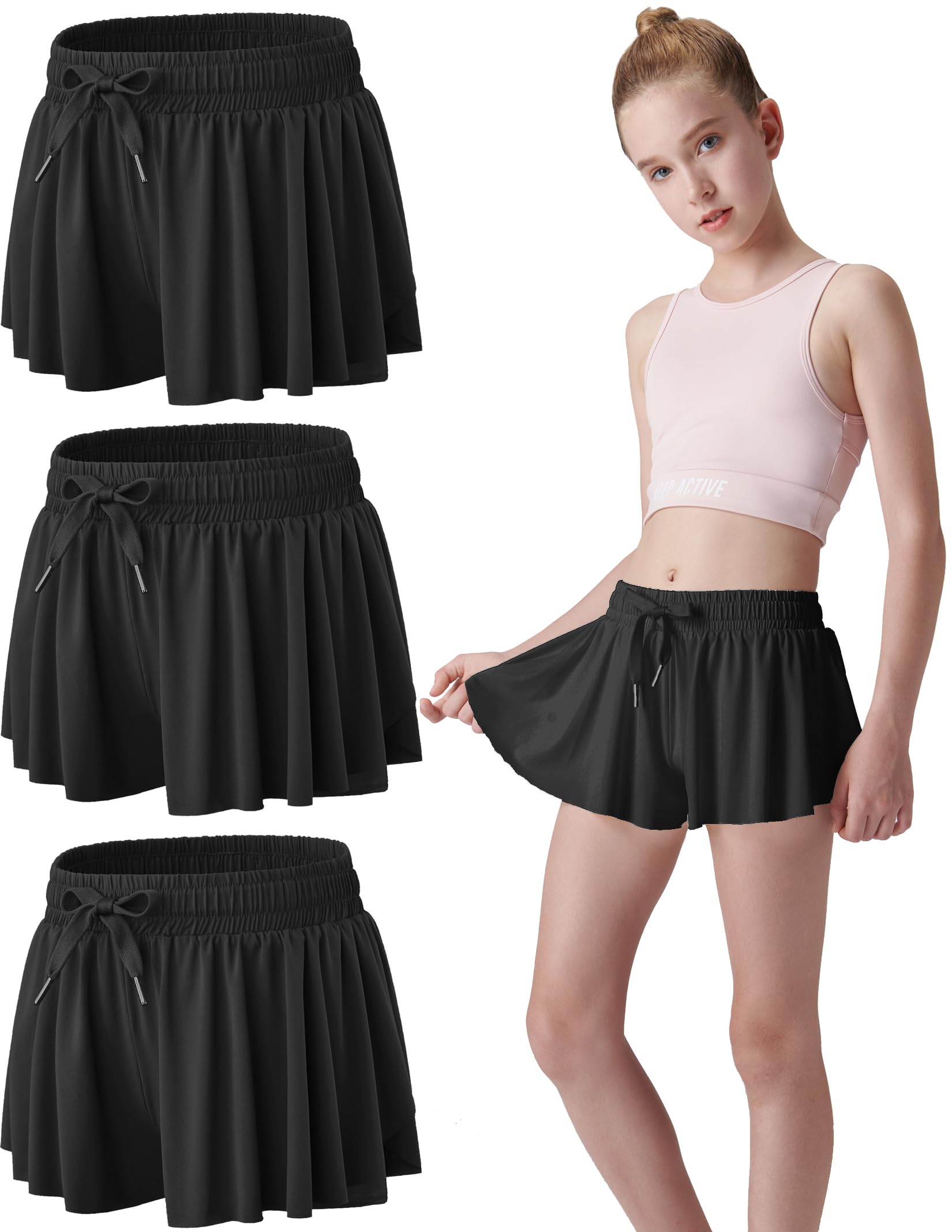 Photo 1 of 3 Pack Girls Flowy Shorts with Spandex Liner 2-in-1 Youth Butterfly Skirts for Fitness, Running, Sports (Set 8, Youth X-Large) Blacks