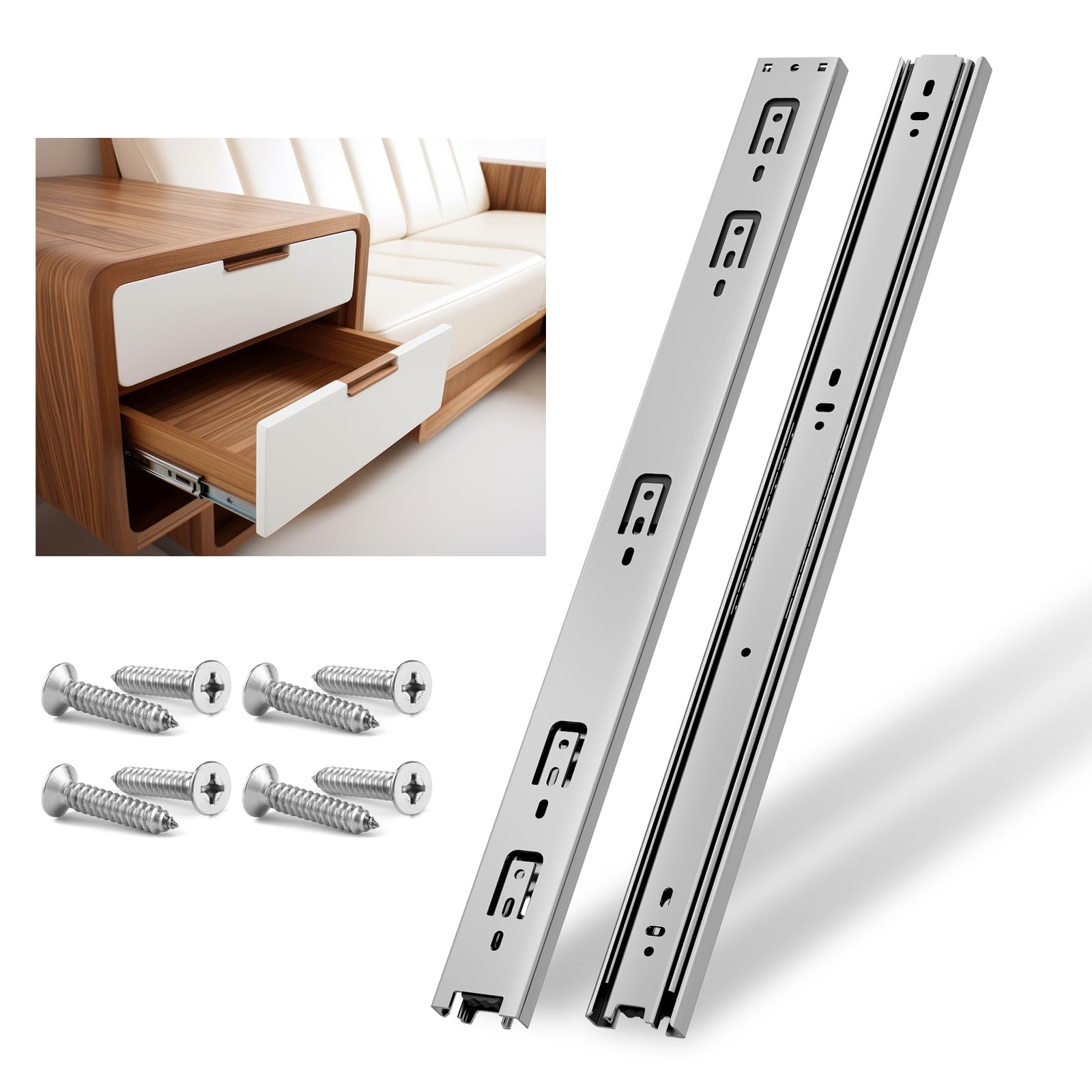 NECILO Silver 600mm Residential Drawer Runner, 45kg Load Capacity Full Extension Ball Bearing, Replacement Slides for Kitchen, Home, Office Drawers, Side Mount, 1 Pair(2 Packs)