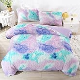 WINLIFE Shaggy Bedding Comforter Set Faux Fur Flannel Furry Long Hair Plush Comforter Sets Pastel Ombre Tie Dye Multicolor Bedding for Girls Kids (3Pcs, Twin, Teal Purple)