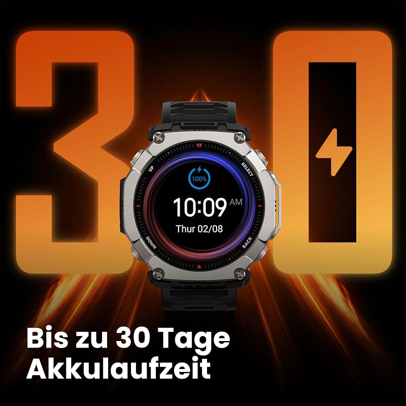 T-Rex Ultra 2 Dualband-GPS Outdoor Smartwatch, 51 mm Titangehäuse, 1,5" Saphir AMOLED Display, Taschenlampe, 30 Tage Akkulaufzeit, Offline-Karten, 10 ATM, 180+ Sportmodi für Android & iPhone