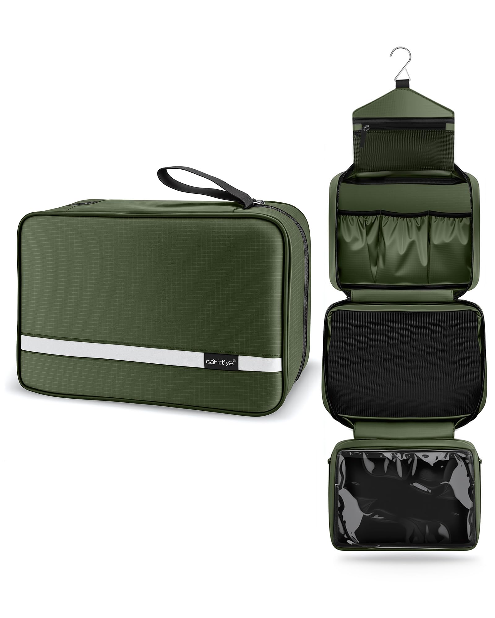 Carttiya Hanging Travel Toiletry Bag - Large Wash Bag for Men and Women, Waterproof Foldable Cosmetic Bag Make up Toiletry Bag with Hook for Business Trip, Gym, Vacation and Household (Army Green)