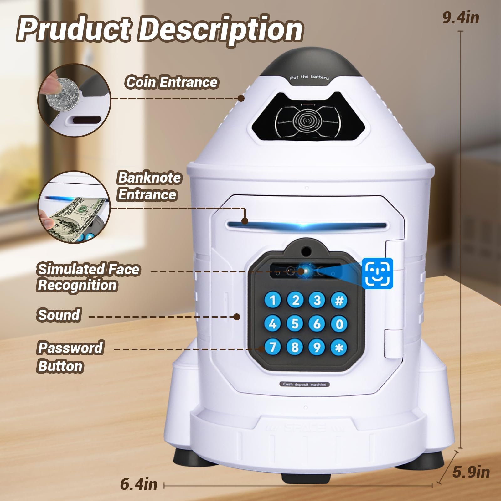 Kids Safe, Electronic Piggy Bank for Boys Girls, ATM Money Saving Box Toy 2024 with Password & Face ID Simulation, Christmas Birthday Gifts for 4 5 6 7 8 9 10 Year Old, Rocket Space Coin Cash Can