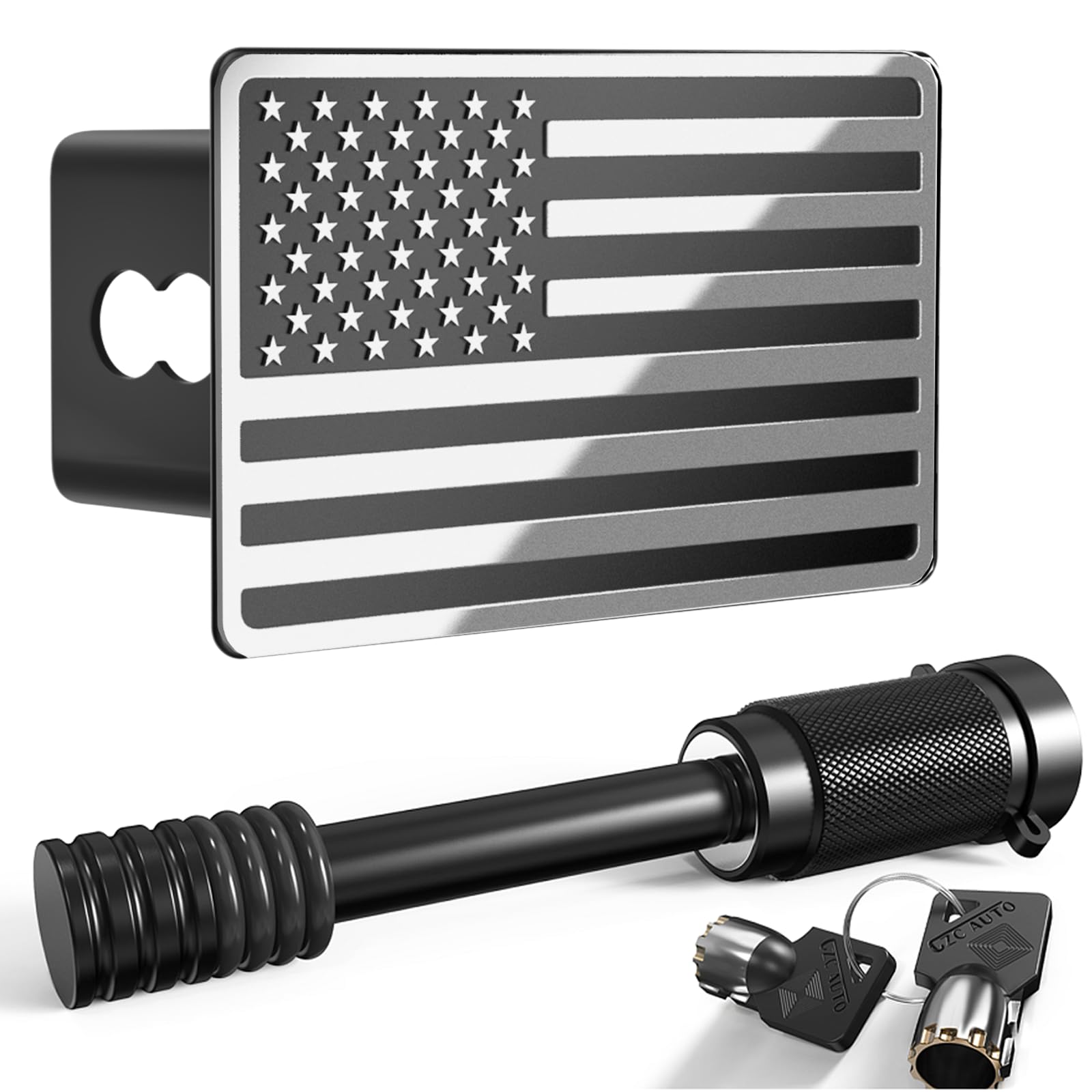 Photo 1 of 2.5 Inch American Flag Trailer Hitch Cover Plug with 5/8-Inch Pin Diameter Trailer Hitch Lock,2 1/2 Inch Hitch Cover Fits for 2.5 Inch Receivers,Chrome