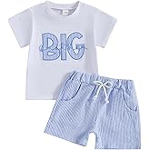 Partclots Toddler Infant Baby Boy Summer Outfit Letter Short Sleeve Elastic Stripes Shorts Brothers T-shirt 2Pcs Set