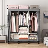 LOEFME Canvas Wardrobe 172x130x45cm, Grey, 2 Hanging Rails & 18 Bags view 2