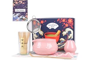 EVOIO Matcha Whisk Set with Bowl, 8 Pcs Matcha Kit with Ceramic Holder, Scoop Holder, Sifter, Tea Towel, Greeting Card, Bamboo Whisk and Scoop, Pink Christmas Gift for Tea Lovers