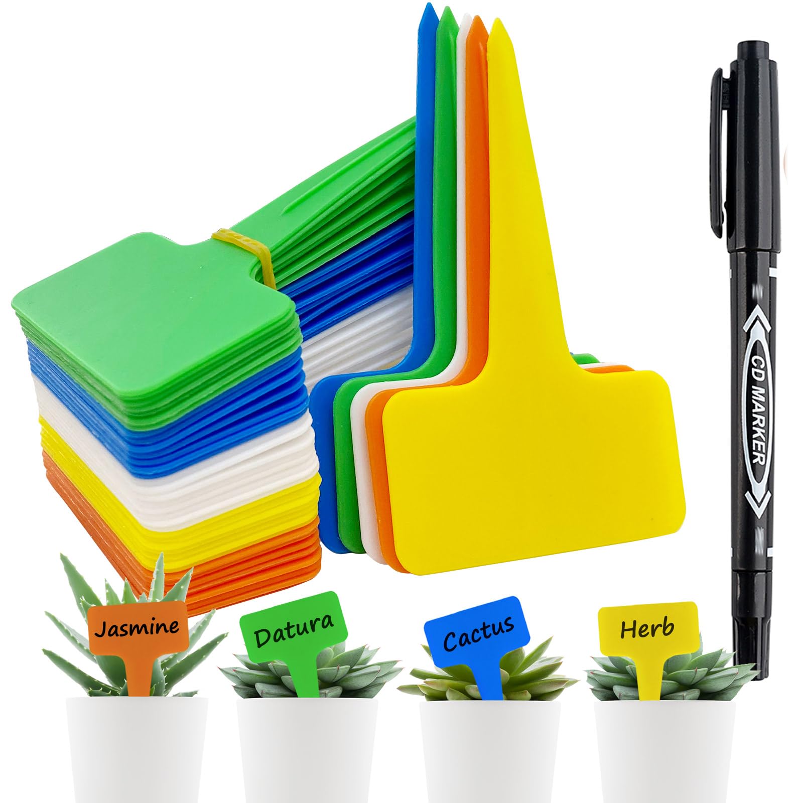 Orrdiffi 100 Pcs Plant Labels for Outdoor Plants Seed Labels PlasticT-Type Tags for Potted Plants, Herbs, Flowers, Vegetable, Waterproof Wooden Eco-Friendly Sticks with Marker Sign Pen (Multicolor)