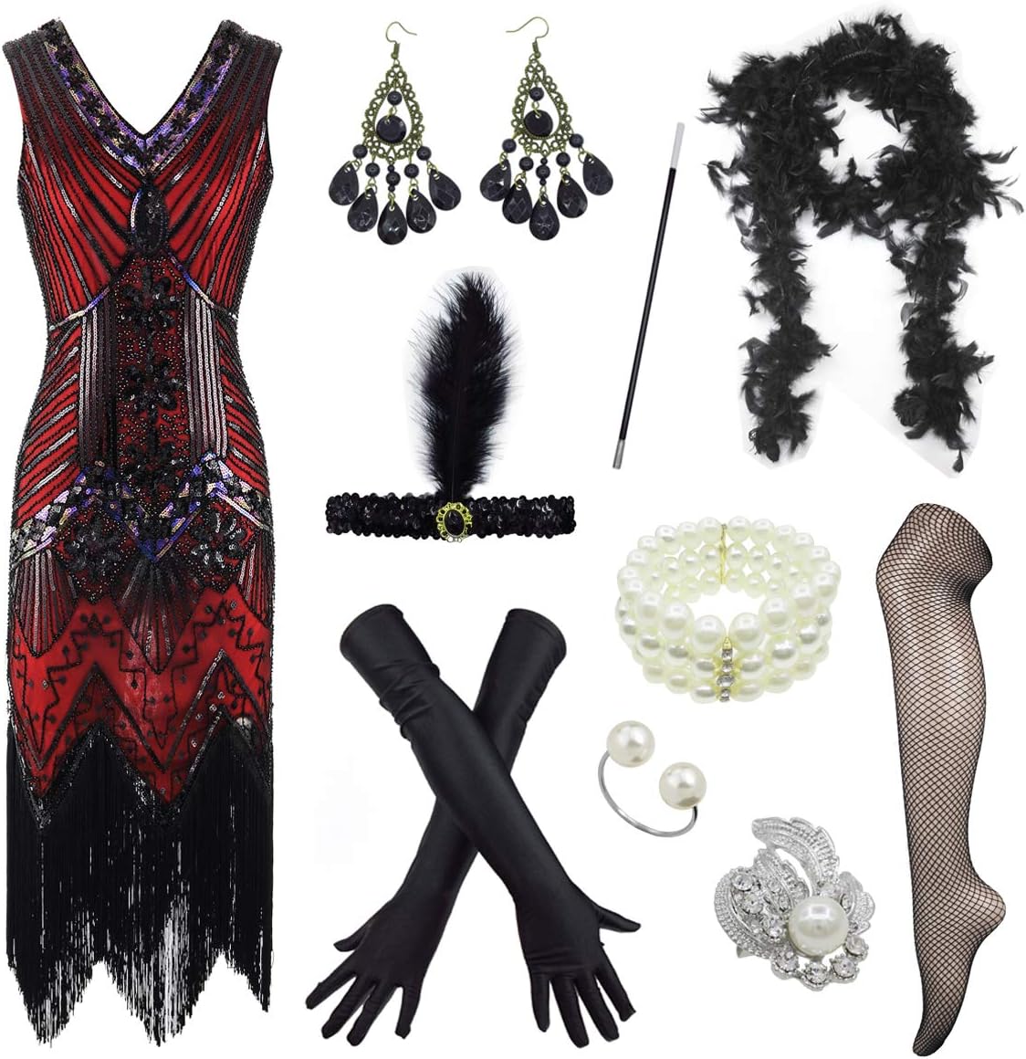 IWIWBWomen's 1920s V Neck Beaded Fringed Gatsby Theme Flapper Dress with Accessories Set