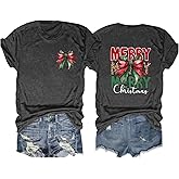 Merry Christmas Shirts for Women Xmas Bow Graphic Shirt Vintage Holiday Short Sleeve Casual Christma Top