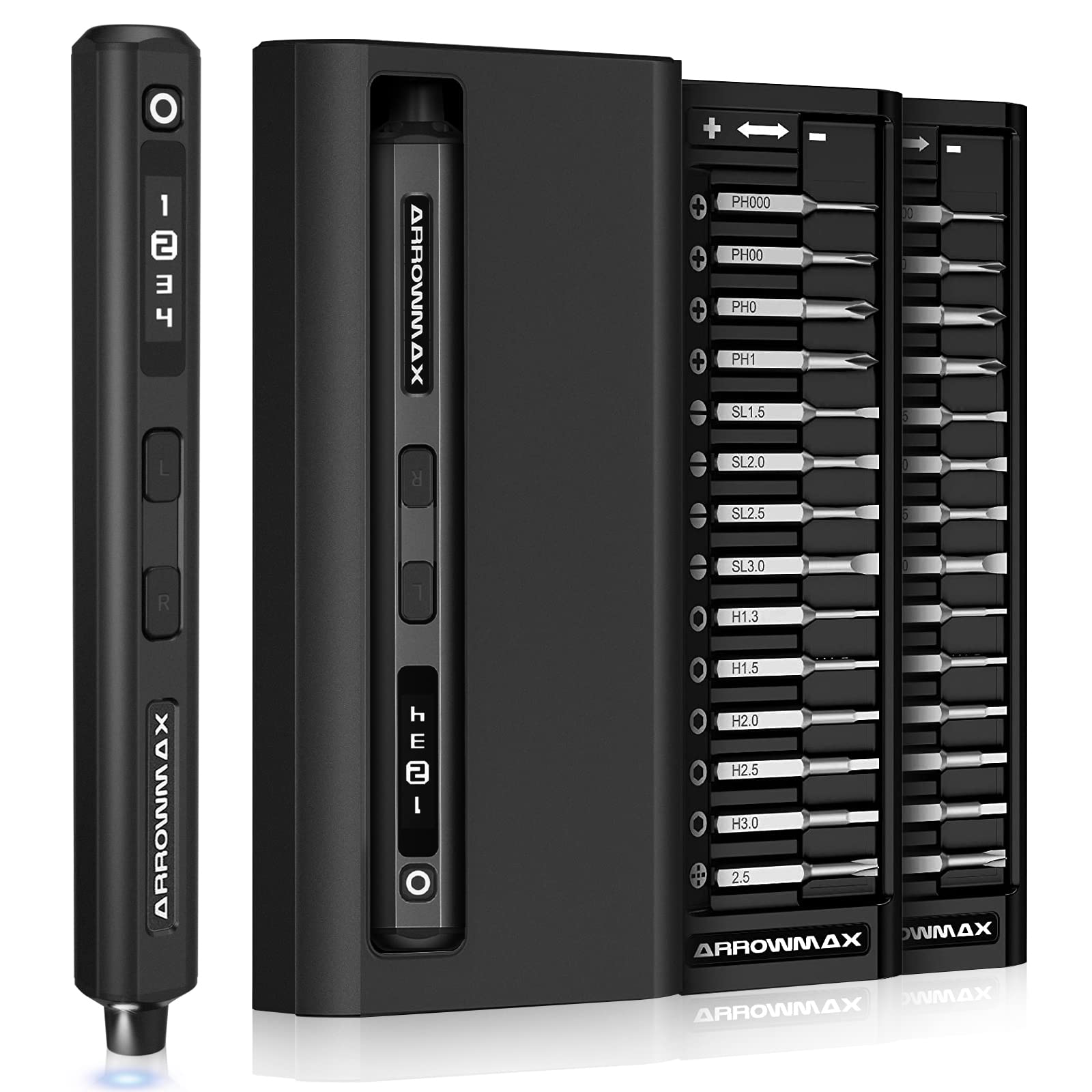 AM ARROWMAX Electric Screwdriver, Precision Screwdriver w/ 34 Magnetic Bits, 4 Torque Settings, Red Dot, IF Winning Design, Rechargeable Mini Cordless Screwdriver for Phone, Laptop, Camera (SES) Black