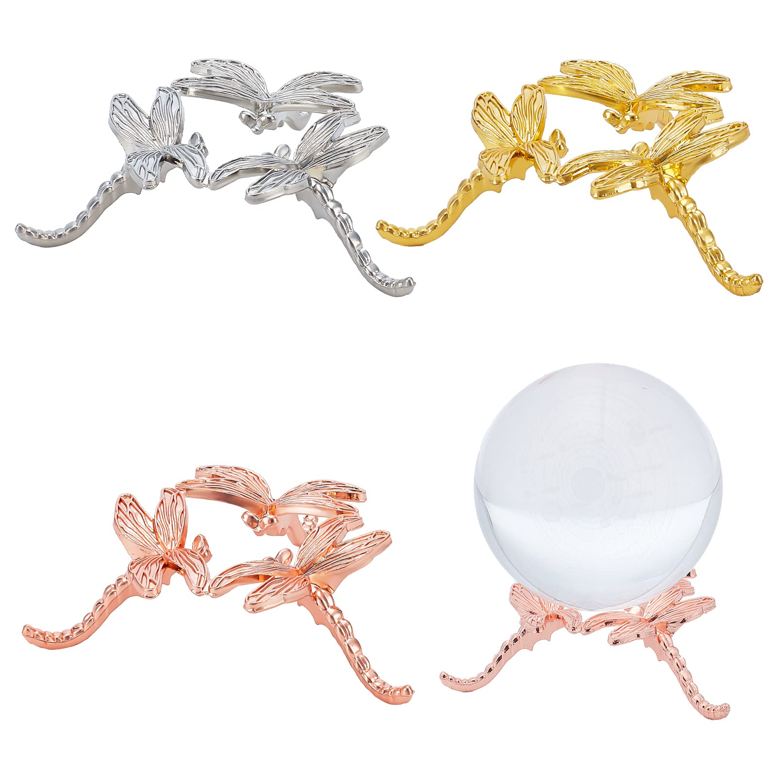 BENECREAT 3 Colors Metal Crystal Ball Stand, Alloy Dragonfly Globe Sphere Display Holder Rack Ornaments for Table Desktop Office Home Decor