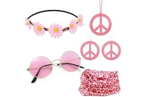 YiiHHooN 5Pcs Pink Hippie Accessories Set, Peace Sign Hippie Necklace Earrings Glasses Flower Crown Headband for Women