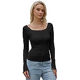 Homepeaz Women's Bell Sleeve Long Sleeve Tops Boat Neck Ribbed Going Out Crop Shirt Y2K Lace Trim Black Large Size