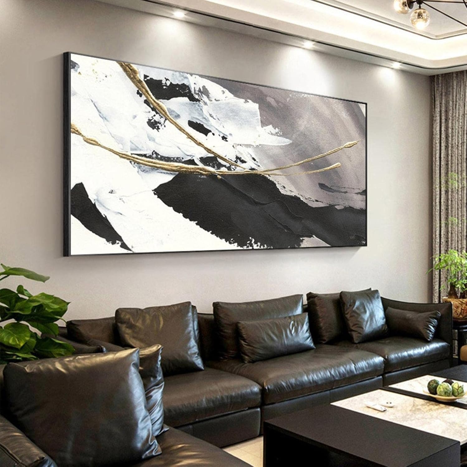 Paintings - Large Abstract Painting on Canvas Wall Art Gold Foil Black White Painting Modern Living Room Home Decor 24x47in/60x120cm With Black Frame
