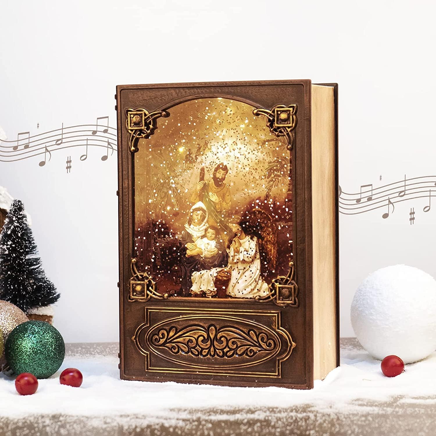 Snow Globes - Christmas Snow Globe Lighted Manger Nativity Scene, Bible Shaped Musical Water Lantern Play Silent Night Music in Swirling Glitter, Holiday Decorations Gifts for Family, Children or Friends