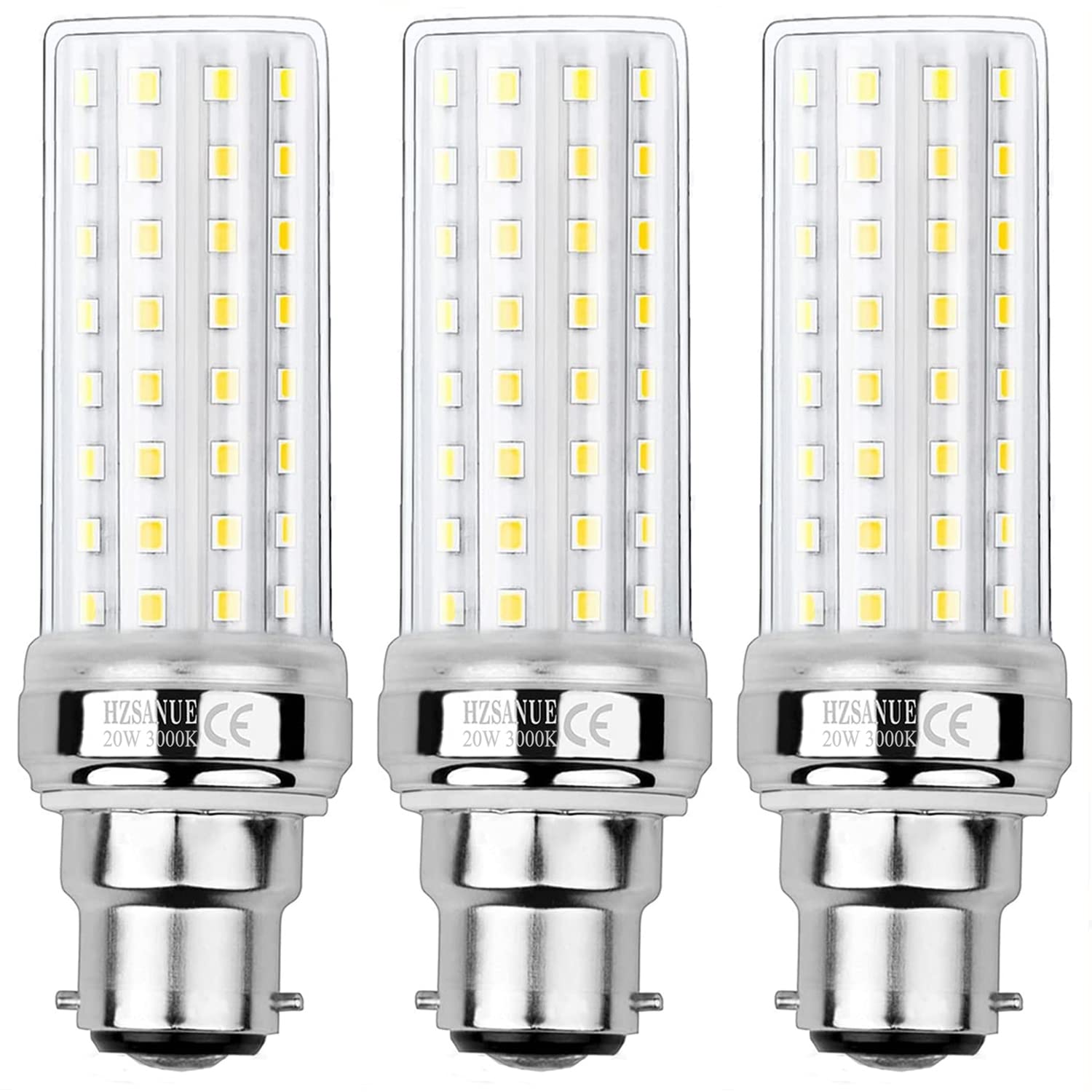 HZSANUE LED Corn Bulbs 20W, 3000K Warm White, 2200Lm, B22 Bayonet Cap LED Light Bulbs,150W Incandescent Bulbs Equivalent,Pack of 3