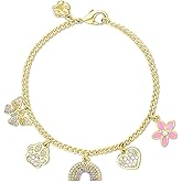 Cloud Haven 24K Gold Plated Charm Bracelet for Women with Crystal CZ Butterfly, Paw Print, Rainbow Heart and Flower Charms