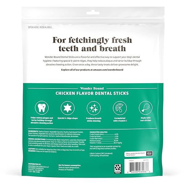 WONDER BOUND CHICKEN FLAVOR DENTAL STICKS FOR SMALL/MEDIUM DOGS (15-40 LBS), 6-RIDGE SHAPE FOR PLAQUE & TARTAR CONTROL, FRESHENS BREATH, MADE WITH REAL CHICKEN, 45 COUNT