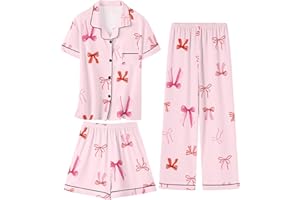 Umeyda Girls Pajamas Set Soft Short Sleeve Button-Down Sleepwea Nightwear 3Pjs Set Loungewear, 5-14 Years