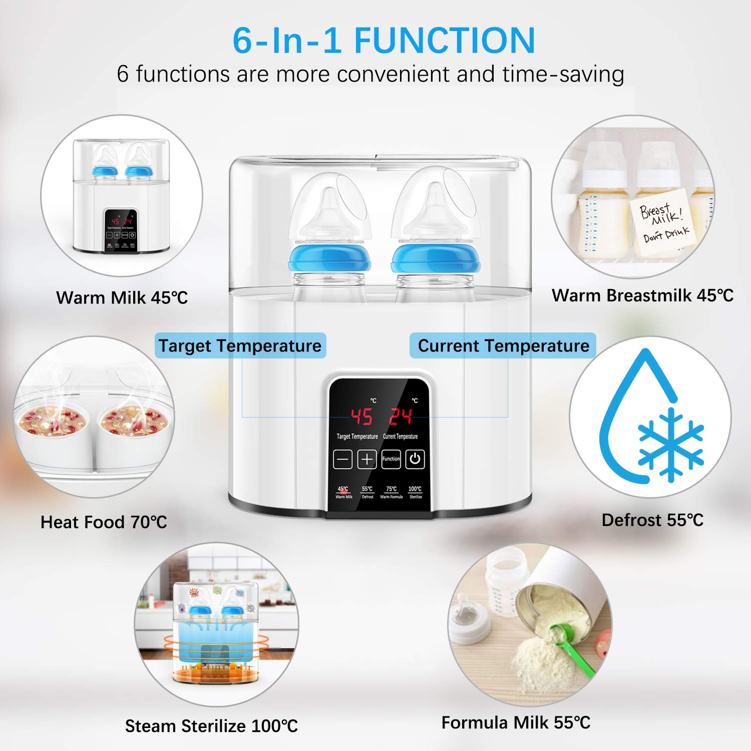 Baby Bottle Warmer and Sterilizer【All New 2021】, CFMOUR Double Bottle 6-in-1 Breast Milk Warmer and Defrost, Fast Baby Food and Formula Heater with Temperature Control, 24 Hours Constant Mode : Baby