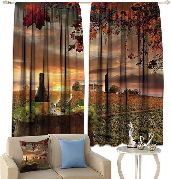Winery Decor Lightproof Curtains, White Wine with Barrel on Vineyard at