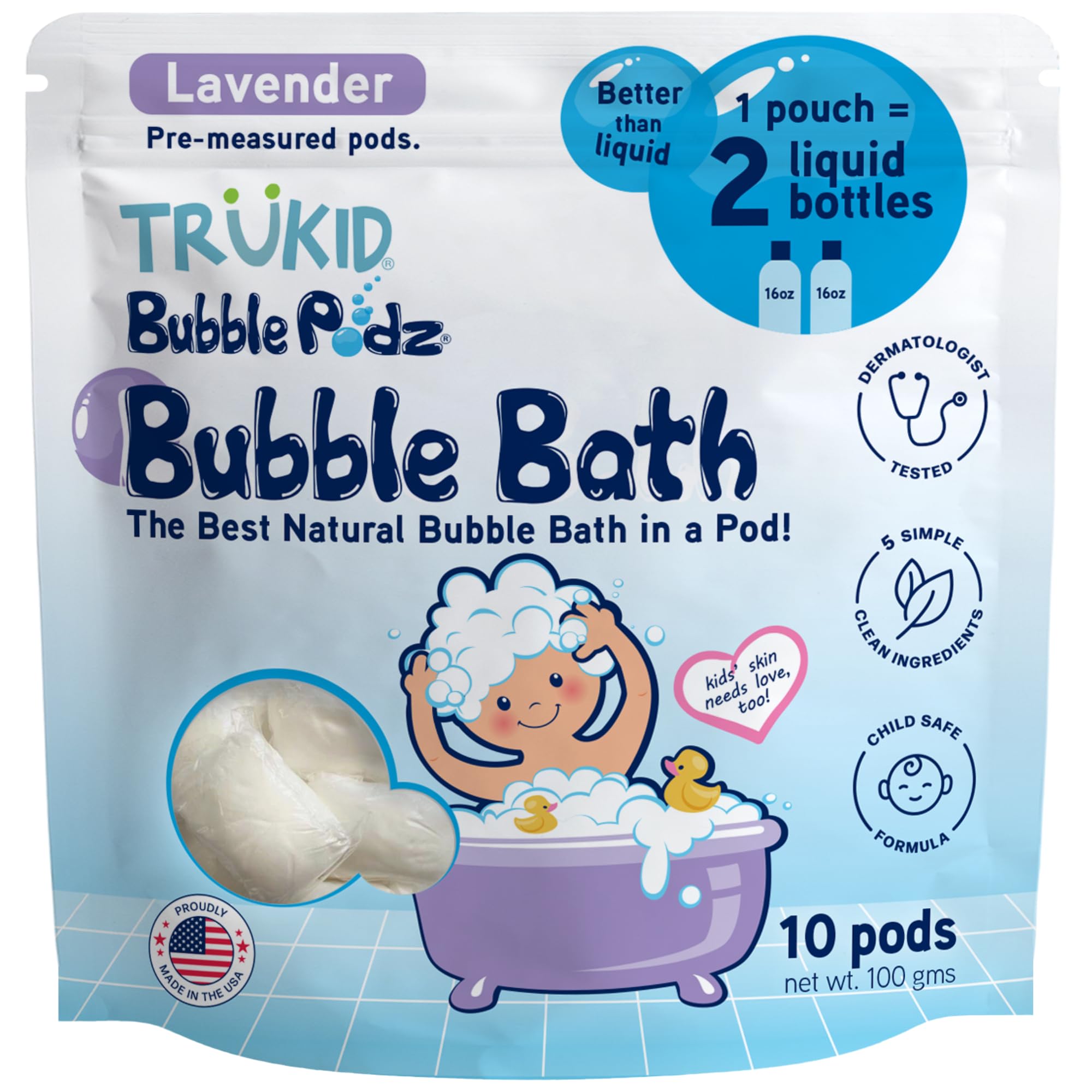 TruKid Bubble Podz Bubble Bath for Kids, Toddlers, & Babies, Tear Free Gentle & Refreshing Bath Bomb for Sensitive Skin with Natural Moisturizers, Non-Toxic, pH Balanced, Lavender Scent (10 Podz)