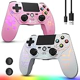 Wireless Controller for PS4 2-Pack with RGB LED Modes, Gaming Remote for PS4 with1000mAh Battery/Dual Shock/6-Axis Gyro/3.5mm Audio Jack/Speaker, Gaming Controller for Playstation 4/PS3(Pink+White)