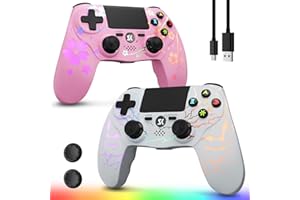Kujian Wireless Controller for PS4 2-Pack with RGB LED Modes, Gaming Remote with USB-C Charge Cable/Dual Shock/6-Axis Gyro/3.5mm Audio Jack/Speaker, Gaming Controller for Playstation 4/PS3