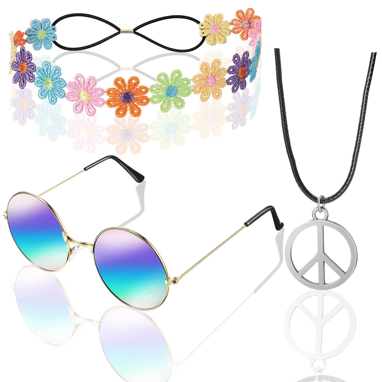 Photo 1 of WILLBOND 60s 70s Accessories for Women Hippie Costume Accessories Peace Sign Necklace Headband Hair Wreath Sunglasses (Bright Style)